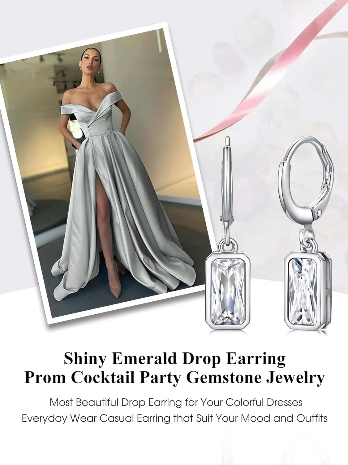 Bestyle Sterling Silver Small Dainty Birthstone Drop Earrings for Women with Rectangular Baguette Crystal & Huggie Hoop Silver Dangle Earring for Wedding Birthday Everyday Wear