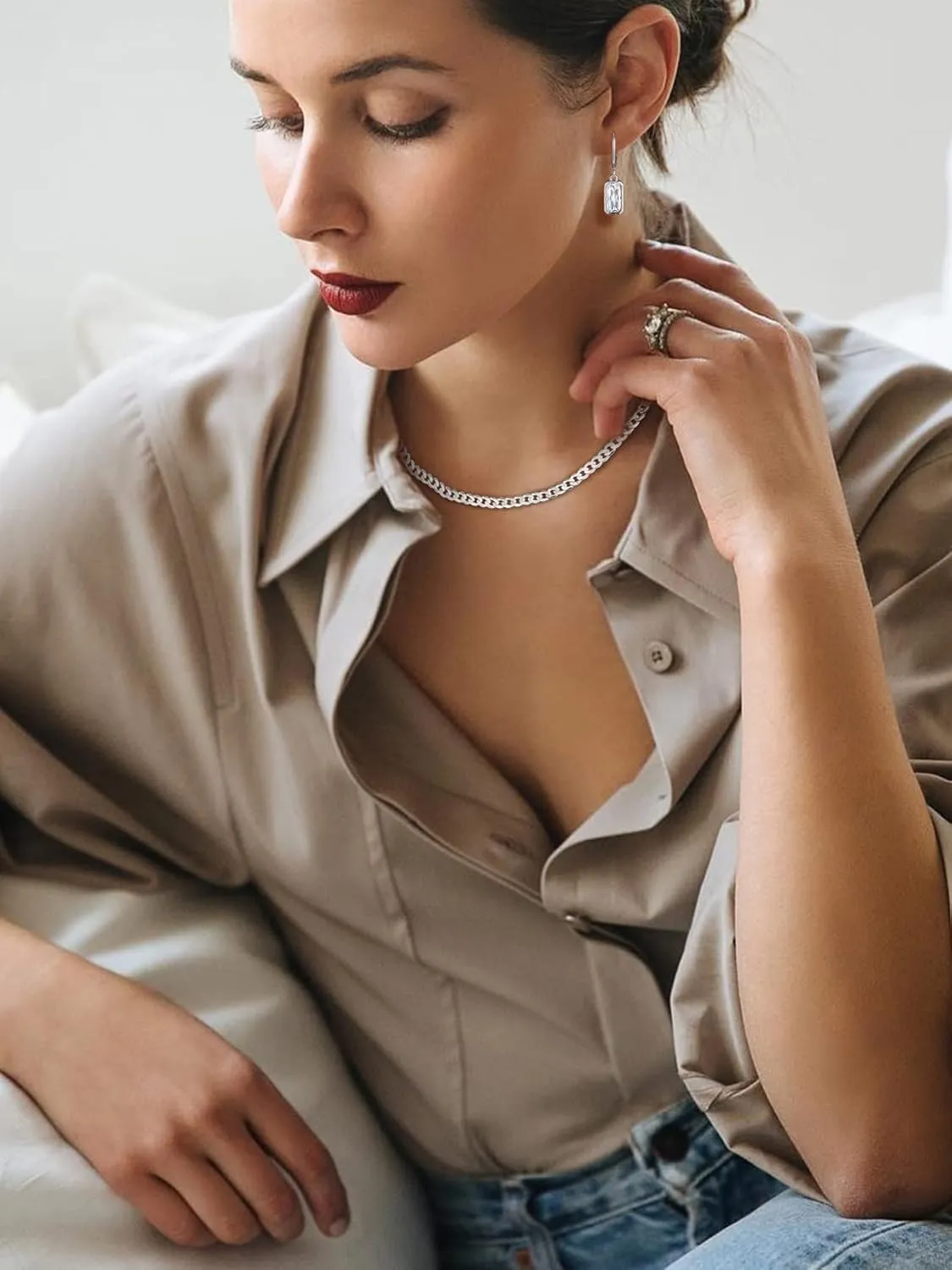 Bestyle Sterling Silver Small Dainty Birthstone Drop Earrings for Women with Rectangular Baguette Crystal & Huggie Hoop Silver Dangle Earring for Wedding Birthday Everyday Wear