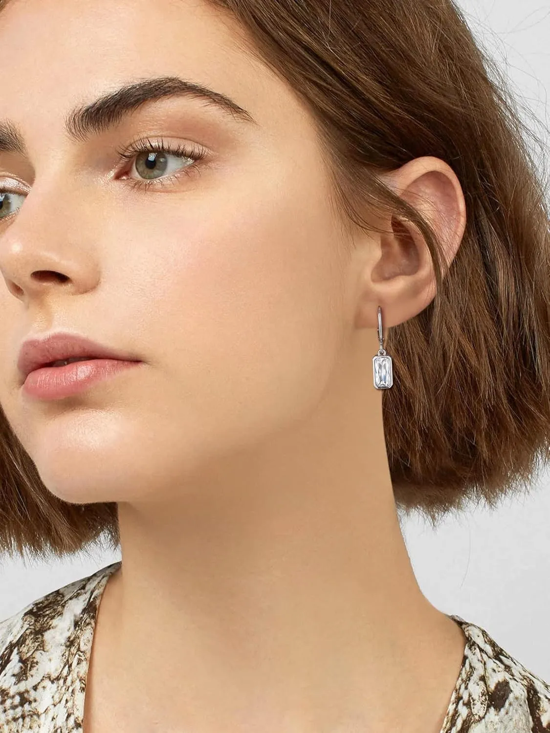 Bestyle Sterling Silver Small Dainty Birthstone Drop Earrings for Women with Rectangular Baguette Crystal & Huggie Hoop Silver Dangle Earring for Wedding Birthday Everyday Wear