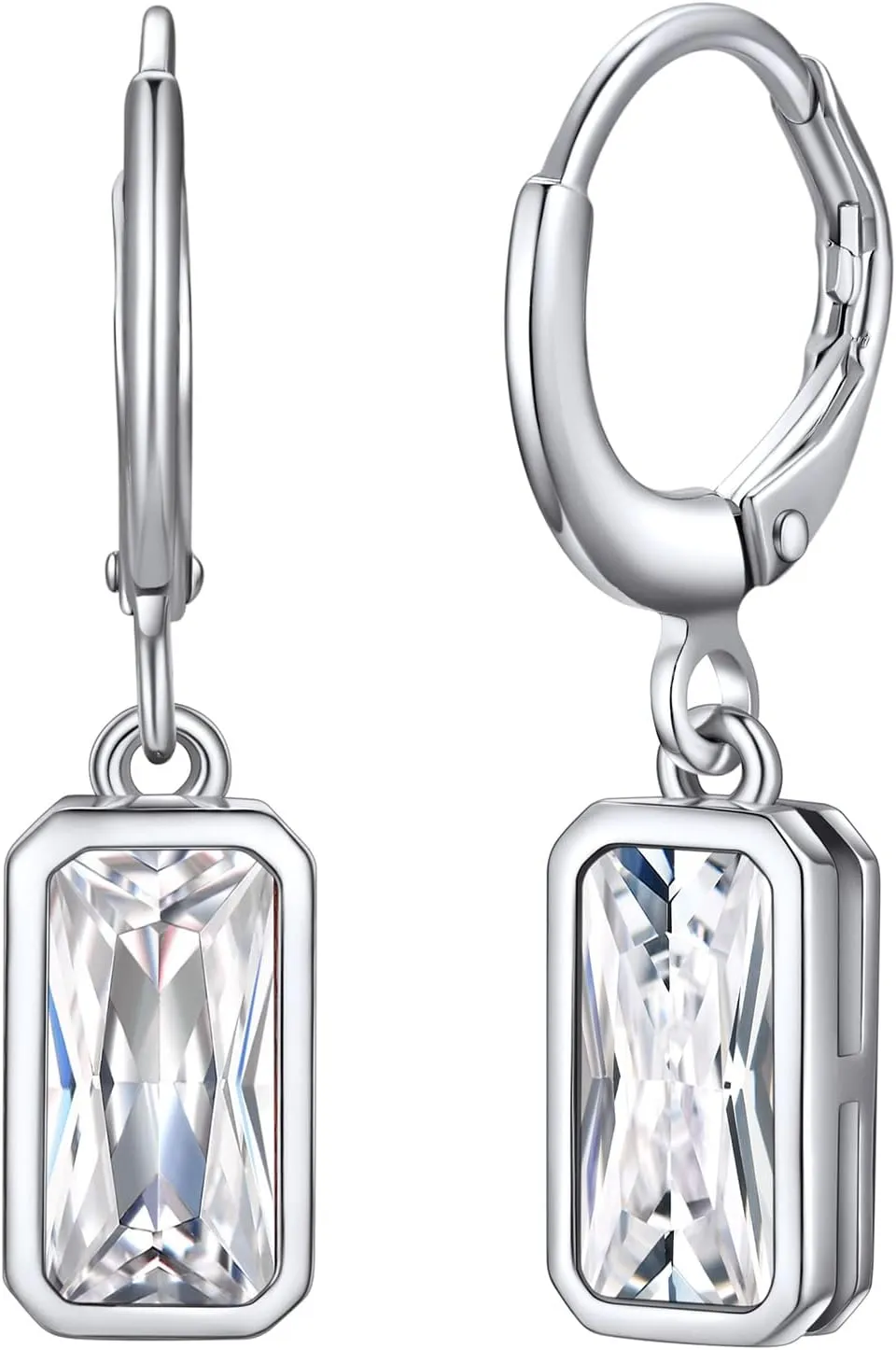 Bestyle Sterling Silver Small Dainty Birthstone Drop Earrings for Women with Rectangular Baguette Crystal & Huggie Hoop Silver Dangle Earring for Wedding Birthday Everyday Wear