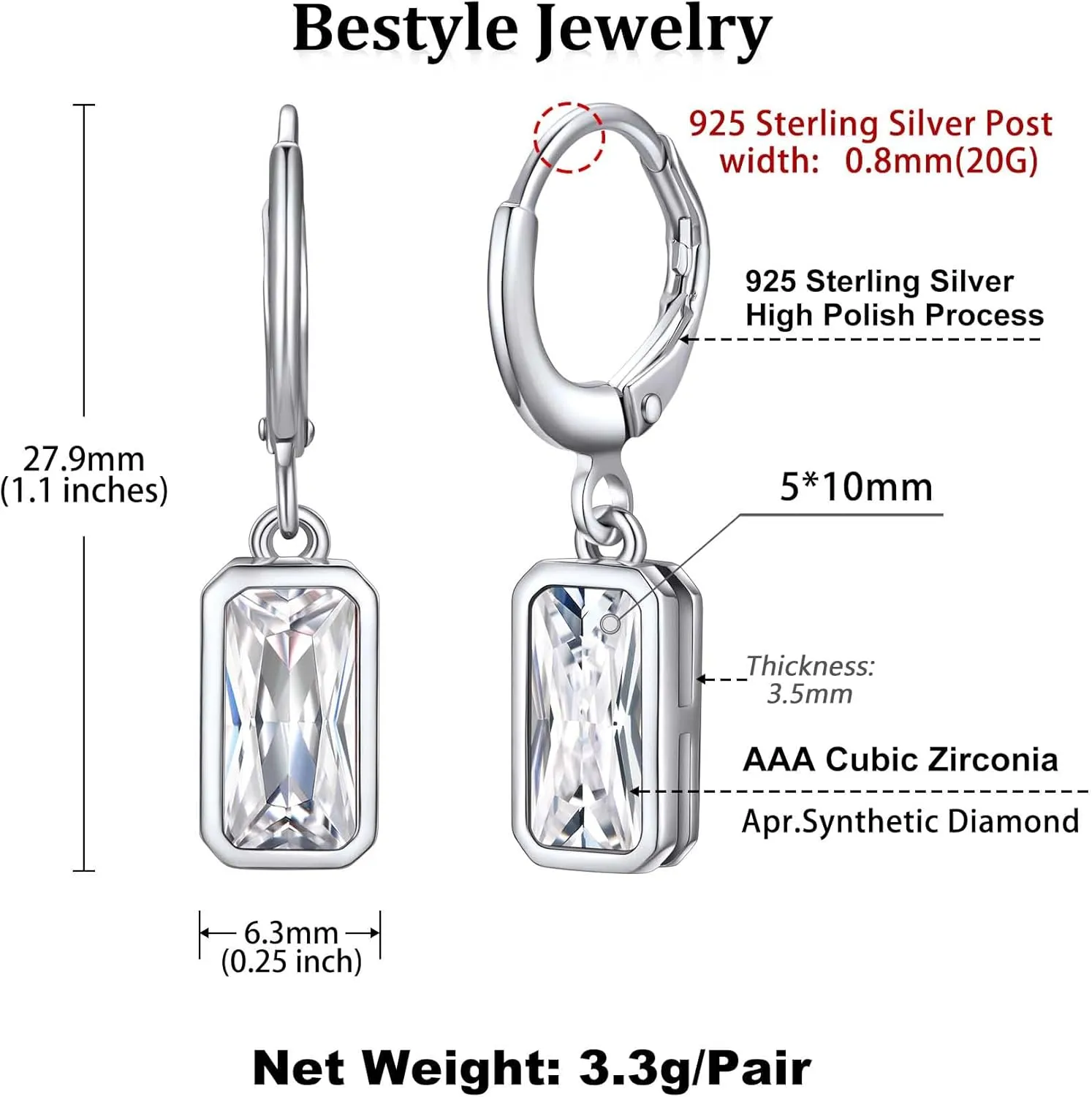 Bestyle Sterling Silver Small Dainty Birthstone Drop Earrings for Women with Rectangular Baguette Crystal & Huggie Hoop Silver Dangle Earring for Wedding Birthday Everyday Wear
