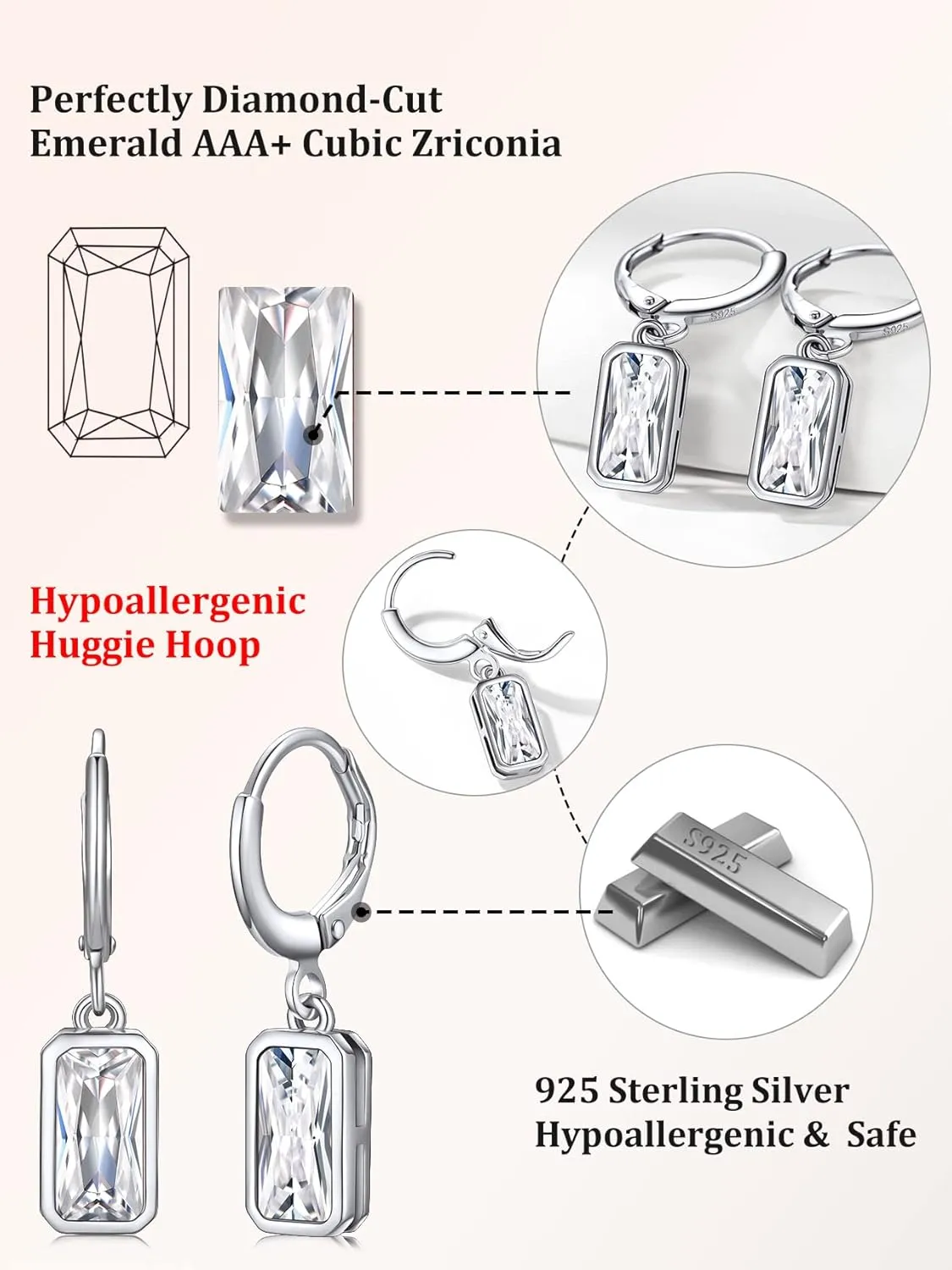 Bestyle Sterling Silver Small Dainty Birthstone Drop Earrings for Women with Rectangular Baguette Crystal & Huggie Hoop Silver Dangle Earring for Wedding Birthday Everyday Wear