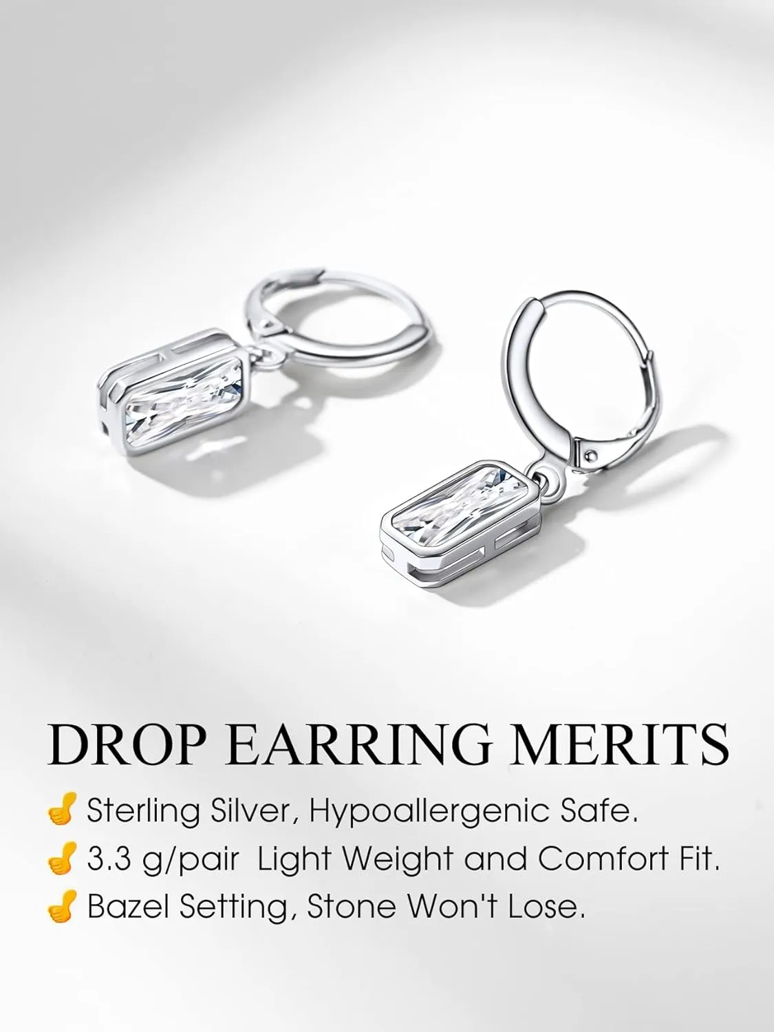 Bestyle Sterling Silver Small Dainty Birthstone Drop Earrings for Women with Rectangular Baguette Crystal & Huggie Hoop Silver Dangle Earring for Wedding Birthday Everyday Wear