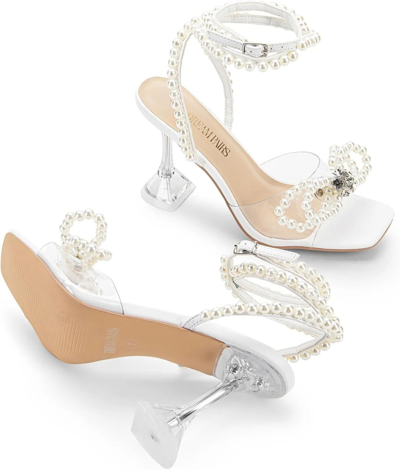 DREAM PAIRS Stiletto Bow Heels for Women Strappy Sparkly Rhinestone Square Toe Clear Crystal High Sandals for Party Wedding