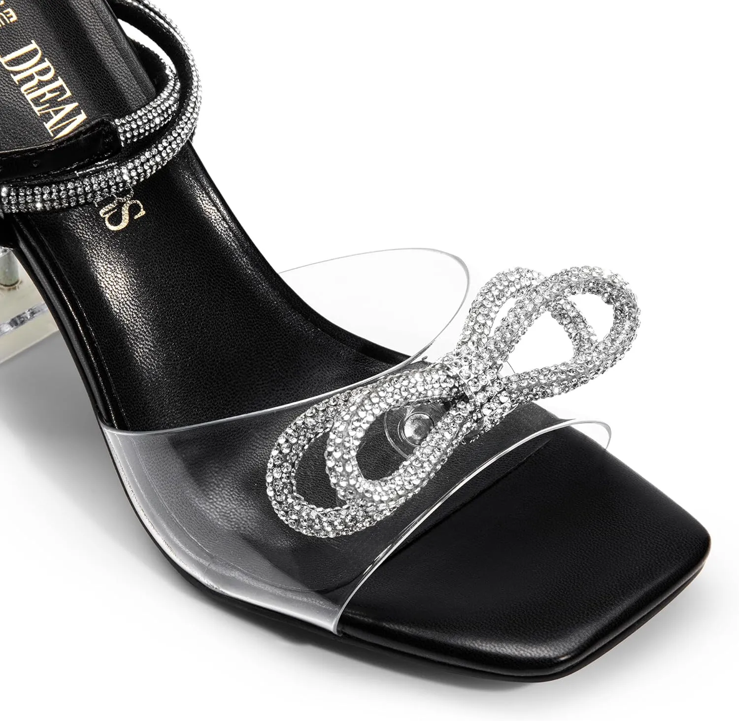 DREAM PAIRS Stiletto Bow Heels for Women Strappy Sparkly Rhinestone Square Toe Clear Crystal High Sandals for Party Wedding