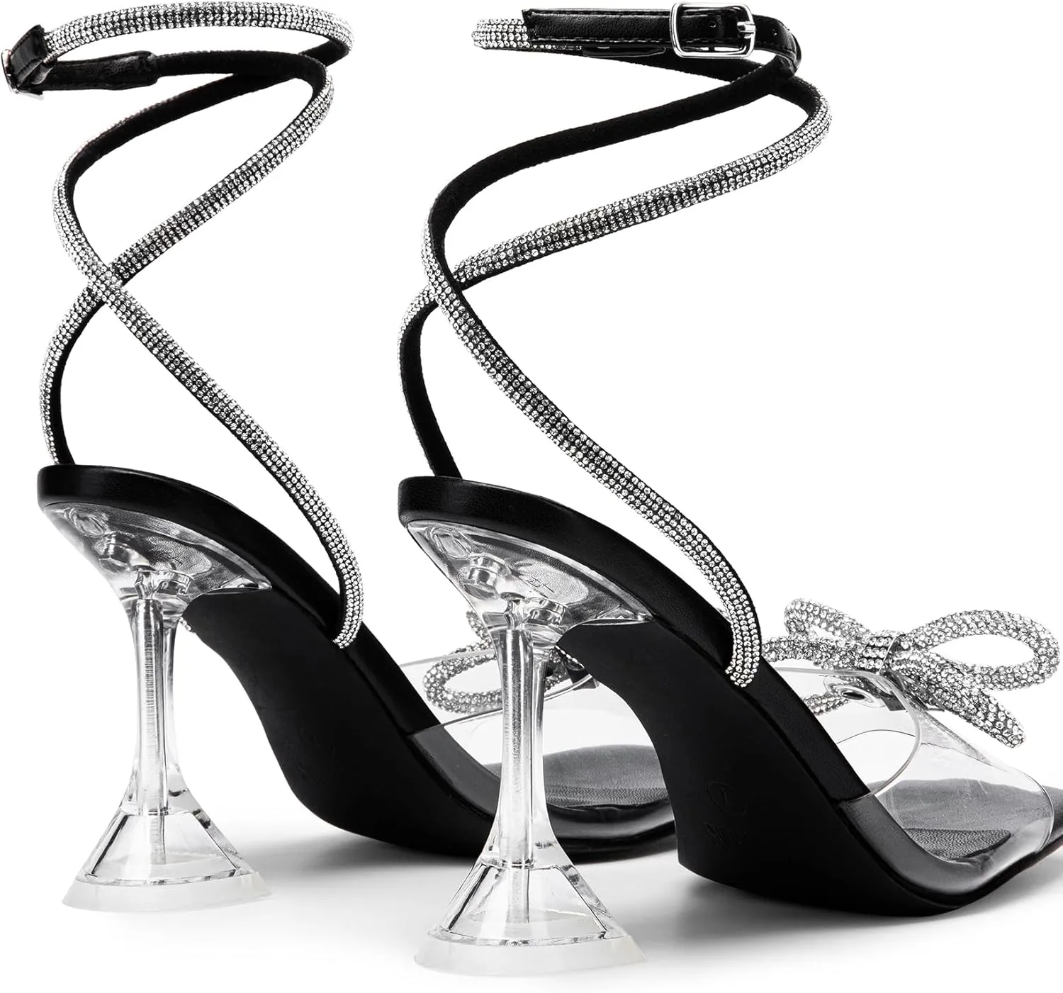 DREAM PAIRS Stiletto Bow Heels for Women Strappy Sparkly Rhinestone Square Toe Clear Crystal High Sandals for Party Wedding