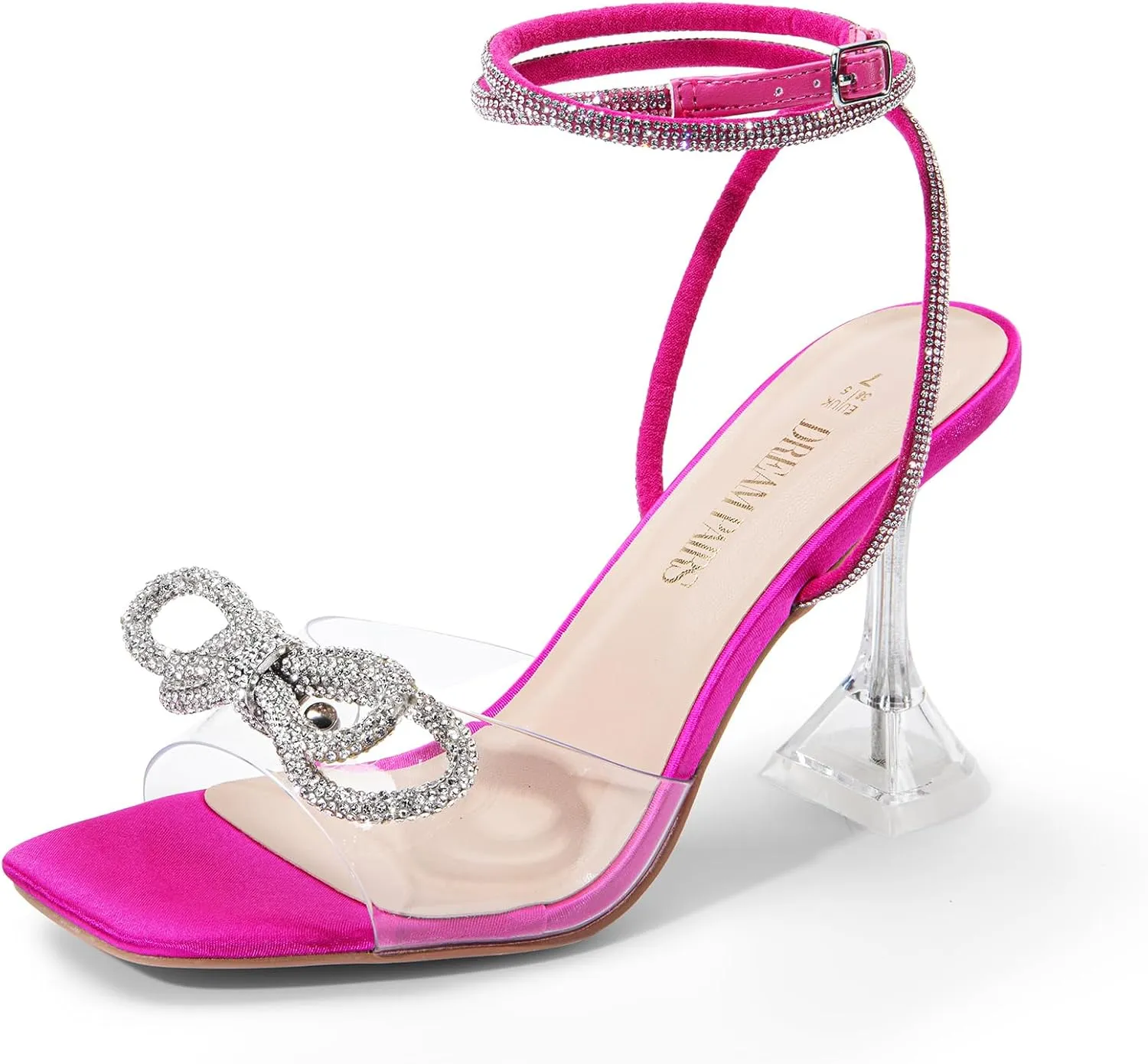 DREAM PAIRS Stiletto Bow Heels for Women Strappy Sparkly Rhinestone Square Toe Clear Crystal High Sandals for Party Wedding