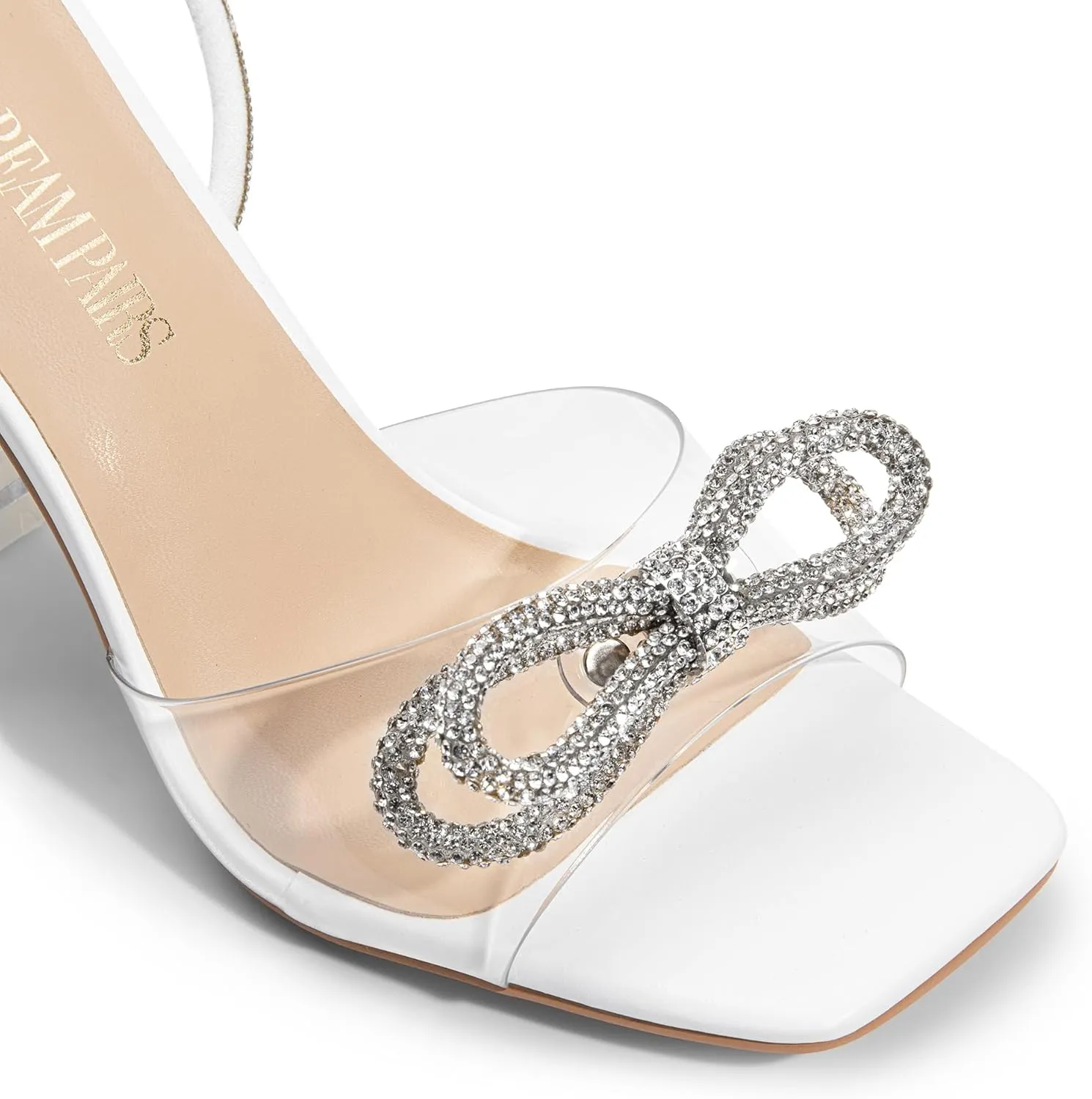 DREAM PAIRS Stiletto Bow Heels for Women Strappy Sparkly Rhinestone Square Toe Clear Crystal High Sandals for Party Wedding