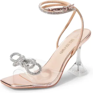 DREAM PAIRS Stiletto Bow Heels for Women Strappy Sparkly Rhinestone Square Toe Clear Crystal High Sandals for Party Wedding