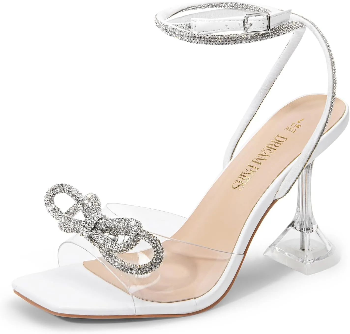 DREAM PAIRS Stiletto Bow Heels for Women Strappy Sparkly Rhinestone Square Toe Clear Crystal High Sandals for Party Wedding