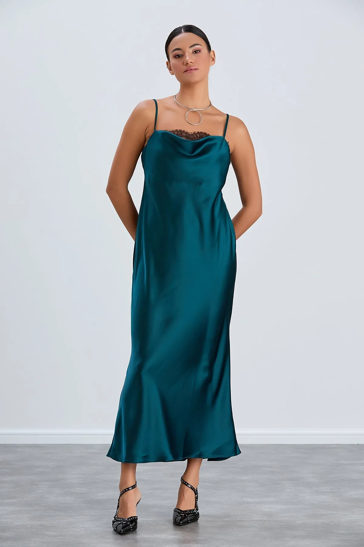 Green Satin Cami Dress with Delicate Lace