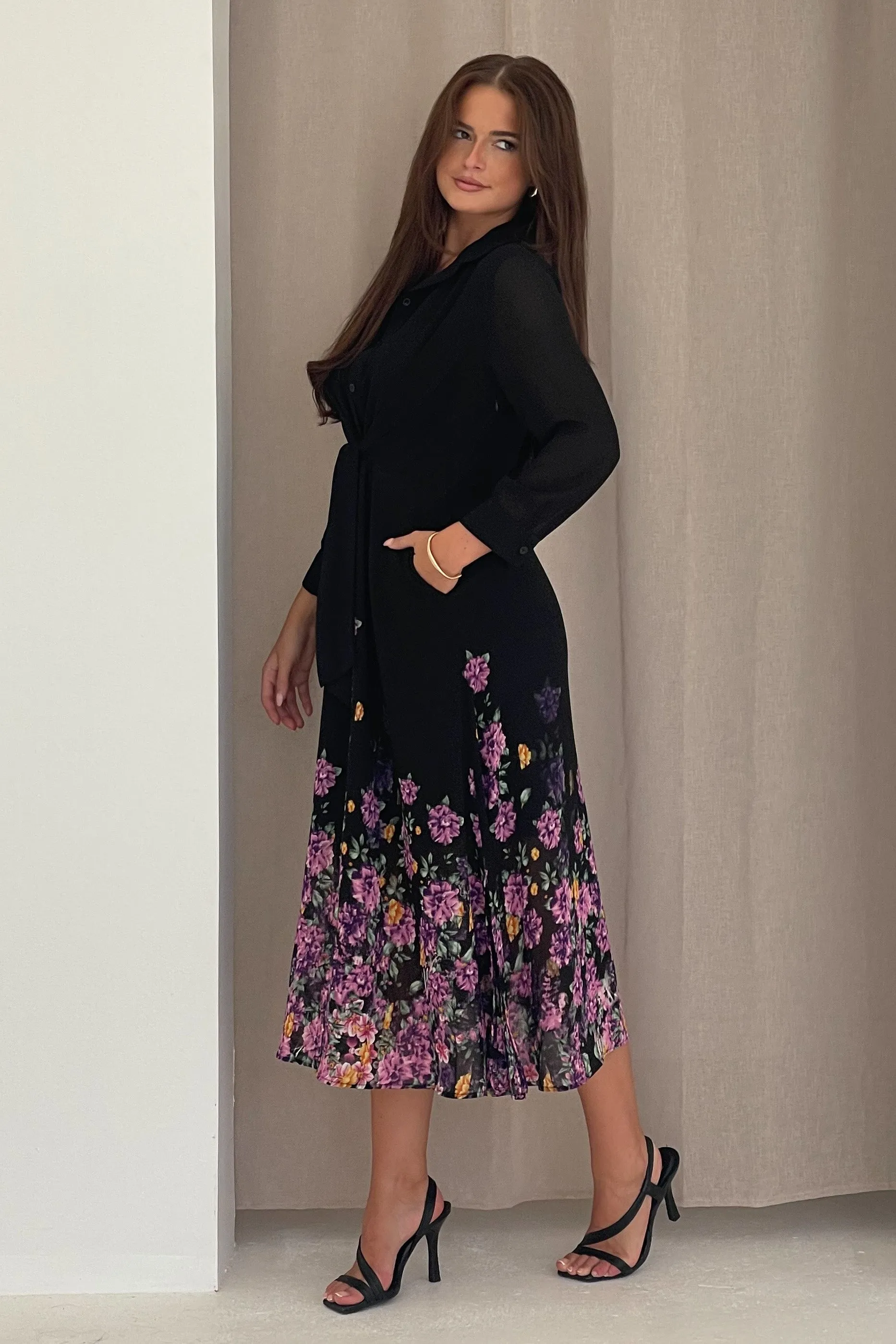 Isabella Purple Floral Boarder Tie Front Shirt Dress