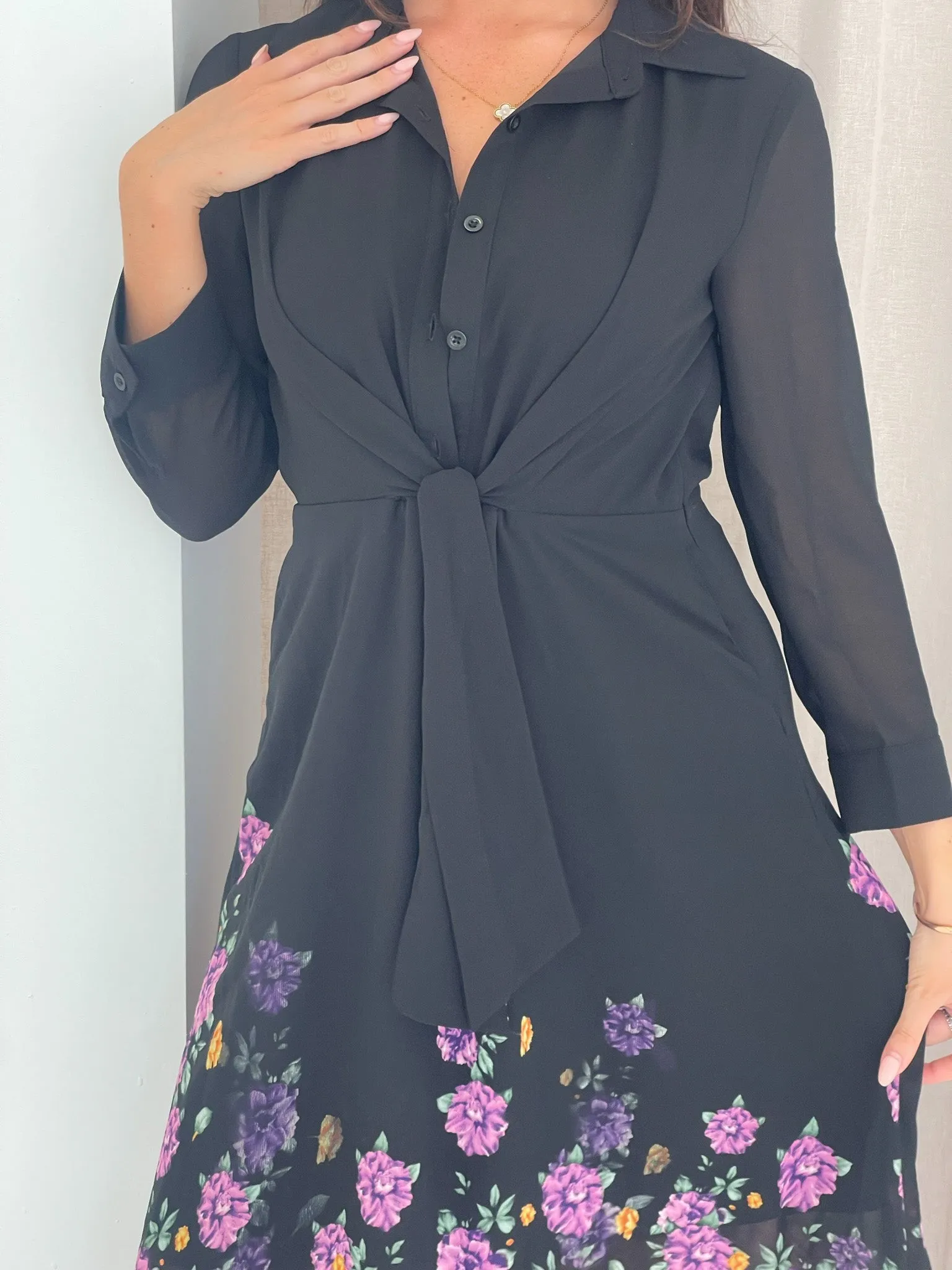 Isabella Purple Floral Boarder Tie Front Shirt Dress