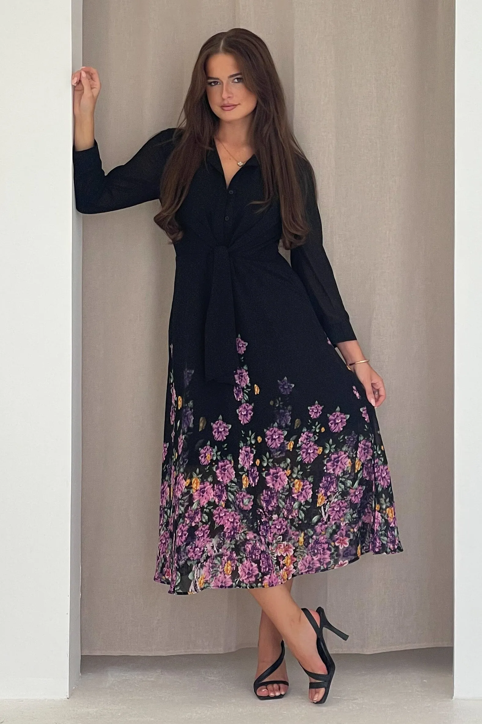Isabella Purple Floral Boarder Tie Front Shirt Dress