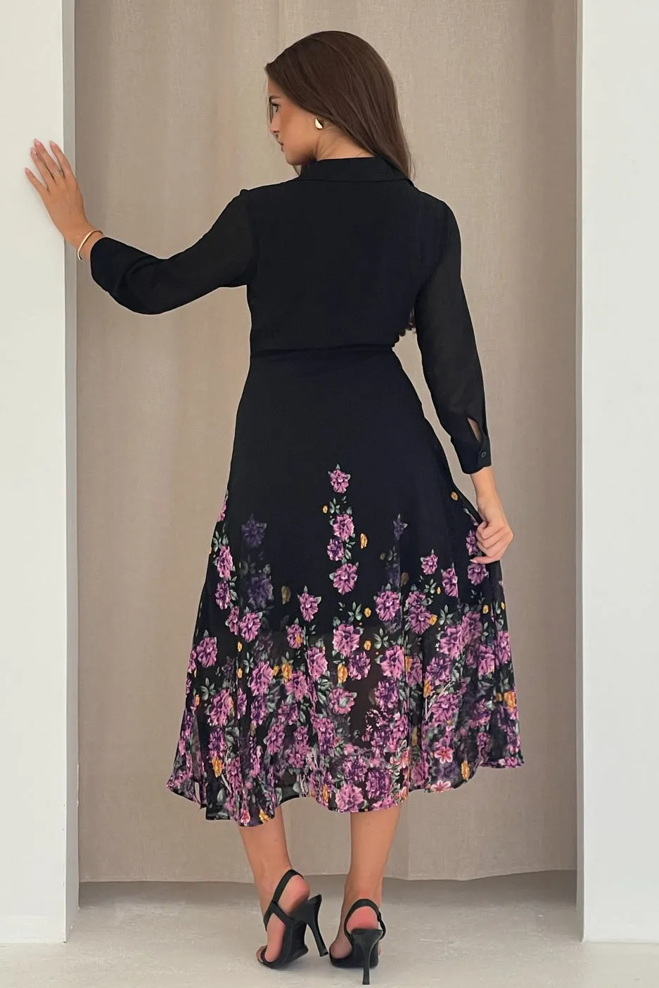 Isabella Purple Floral Boarder Tie Front Shirt Dress