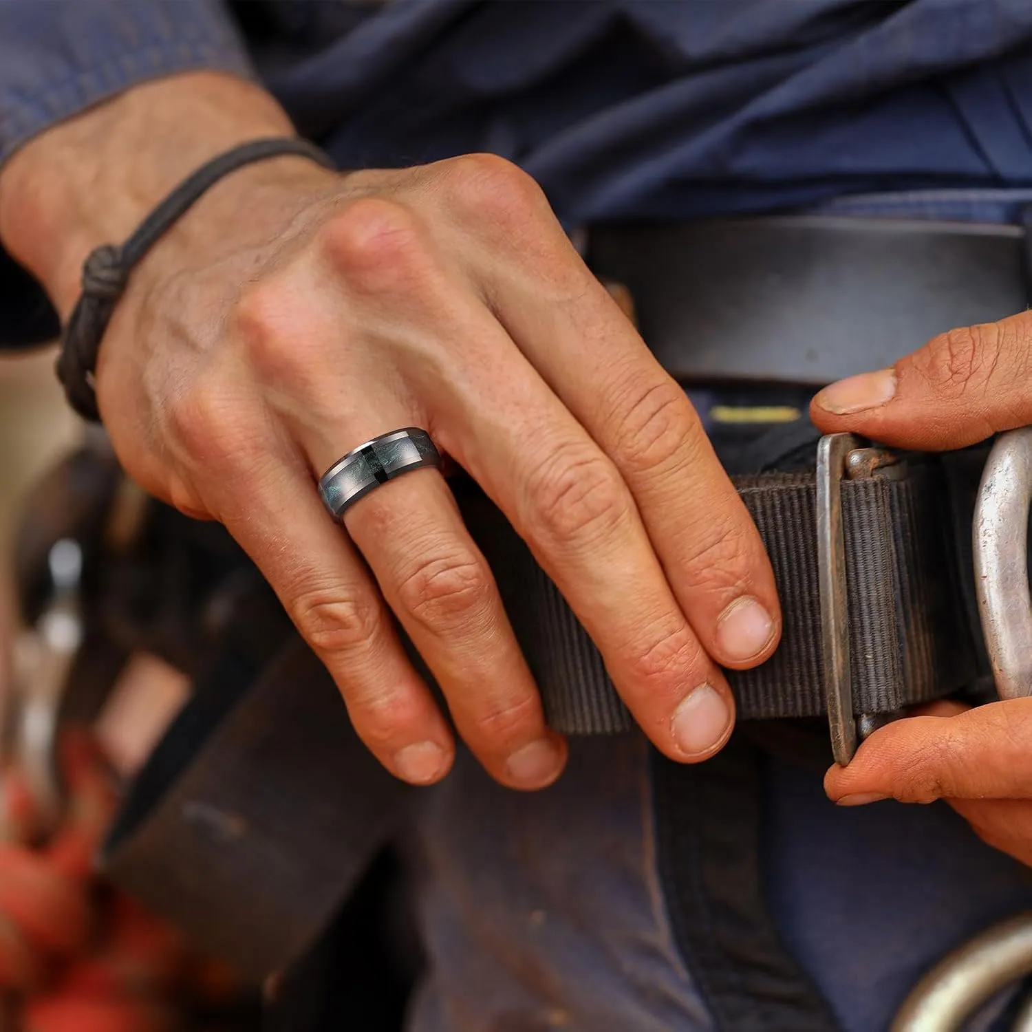 King Will Tungsten Carbide Wedding Band for Men - 8mm Black High Polished Inlay Blue Green/Blue Opal/Red Sand for Everyday Wear Comfort Fit Galaxy Collection