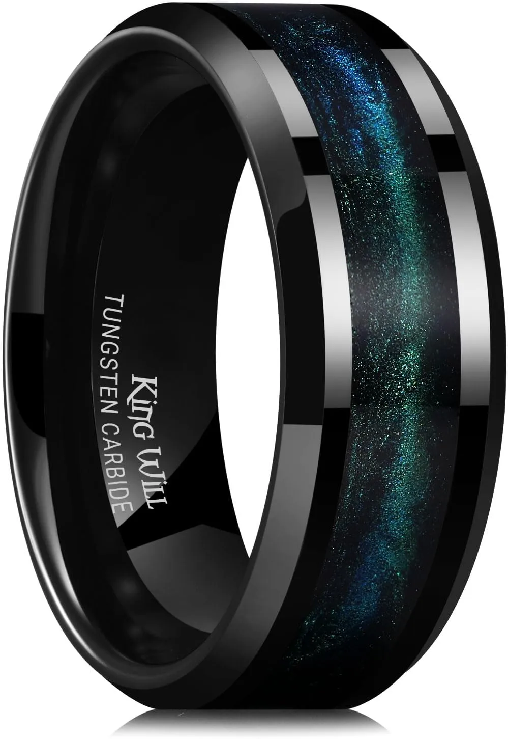 King Will Tungsten Carbide Wedding Band for Men - 8mm Black High Polished Inlay Blue Green/Blue Opal/Red Sand for Everyday Wear Comfort Fit Galaxy Collection