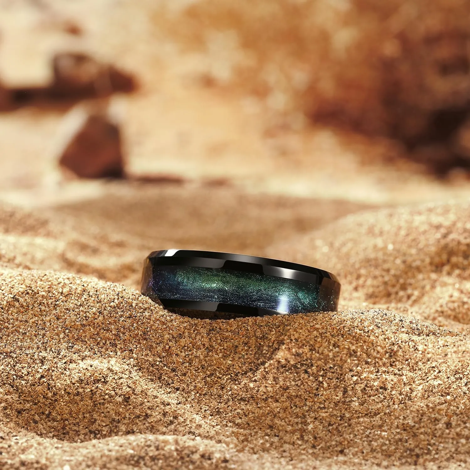 King Will Tungsten Carbide Wedding Band for Men - 8mm Black High Polished Inlay Blue Green/Blue Opal/Red Sand for Everyday Wear Comfort Fit Galaxy Collection