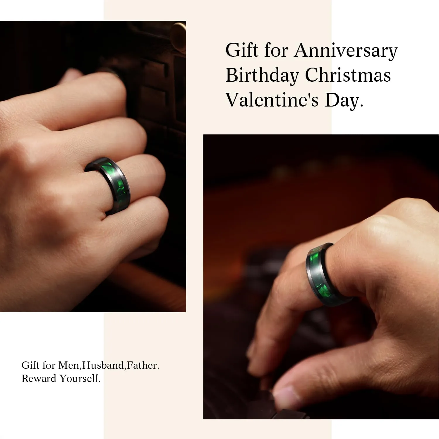 King Will Tungsten Carbide Wedding Band for Men - 8mm Black High Polished Inlay Green/Black Olive Shell Texture Patterns for Everyday Wear Comfort Fit