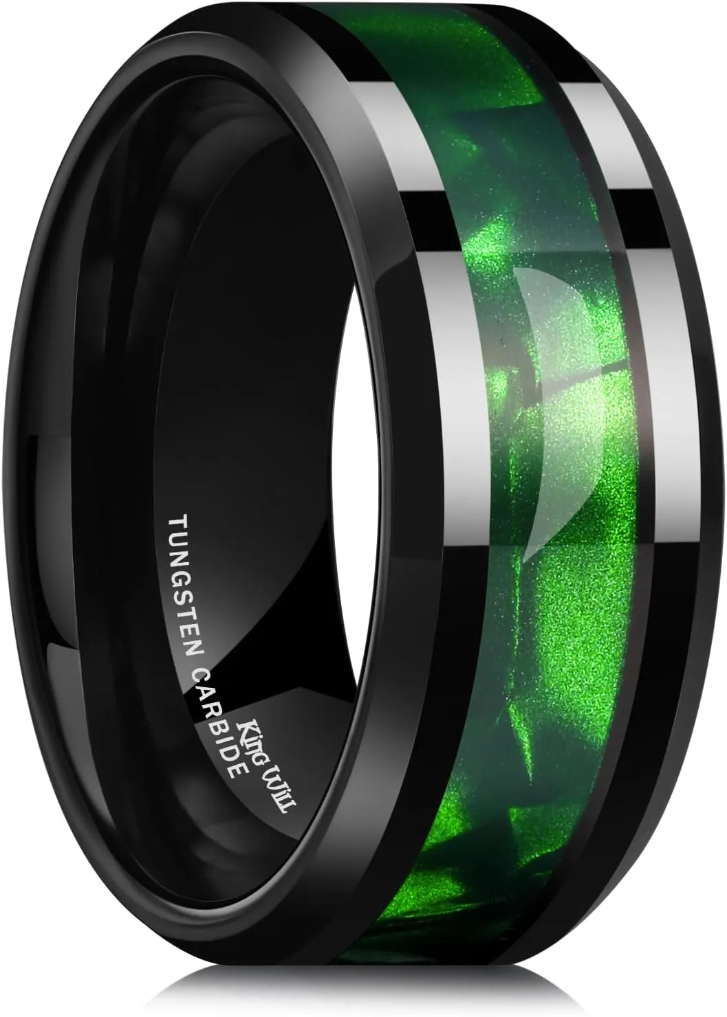 King Will Tungsten Carbide Wedding Band for Men - 8mm Black High Polished Inlay Green/Black Olive Shell Texture Patterns for Everyday Wear Comfort Fit