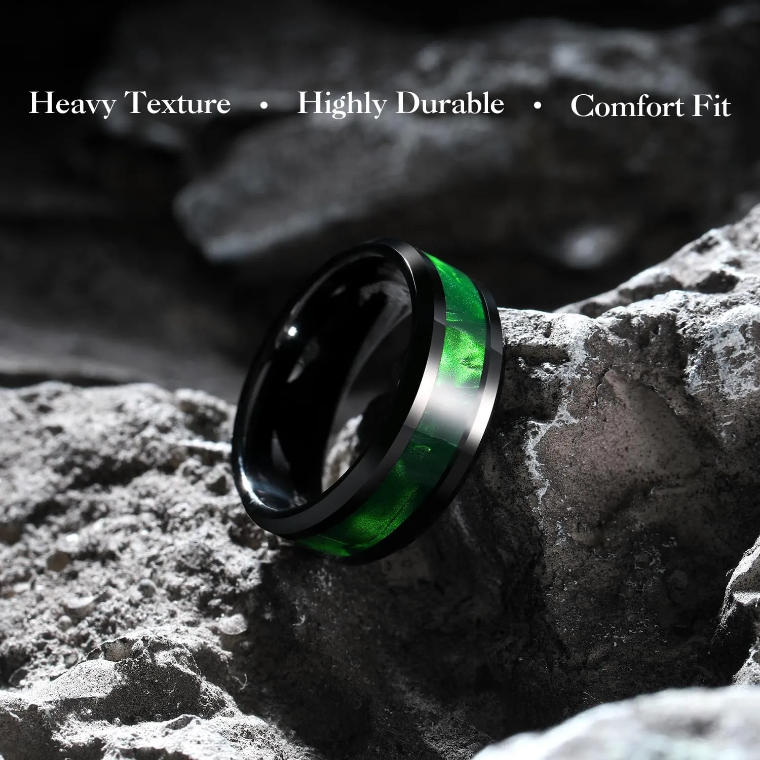 King Will Tungsten Carbide Wedding Band for Men - 8mm Black High Polished Inlay Green/Black Olive Shell Texture Patterns for Everyday Wear Comfort Fit