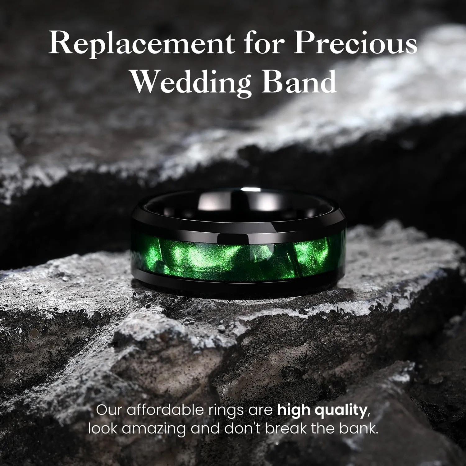 King Will Tungsten Carbide Wedding Band for Men - 8mm Black High Polished Inlay Green/Black Olive Shell Texture Patterns for Everyday Wear Comfort Fit