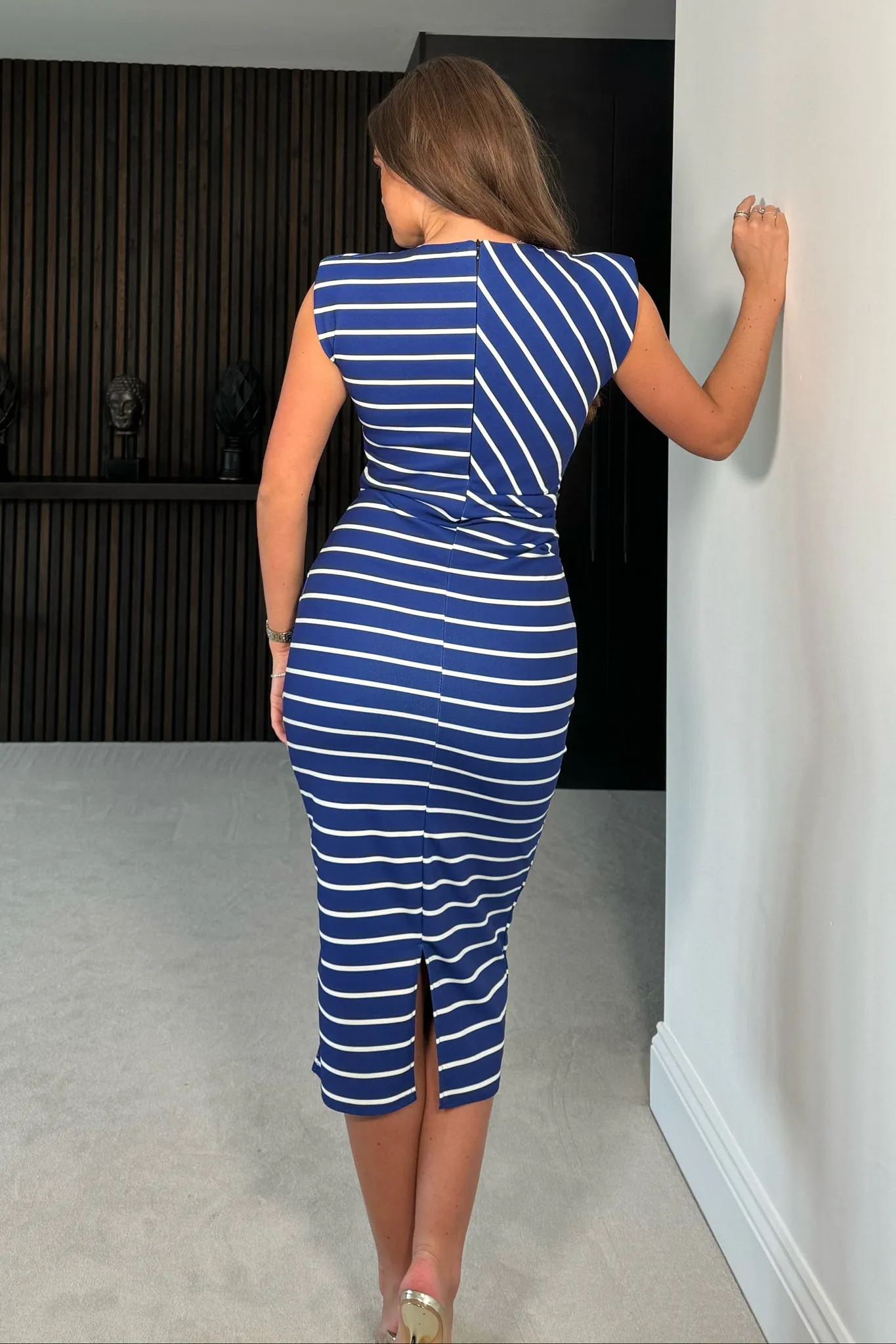 Pari Stripe Ruched Shoulder Pad Midi Dress Cobalt