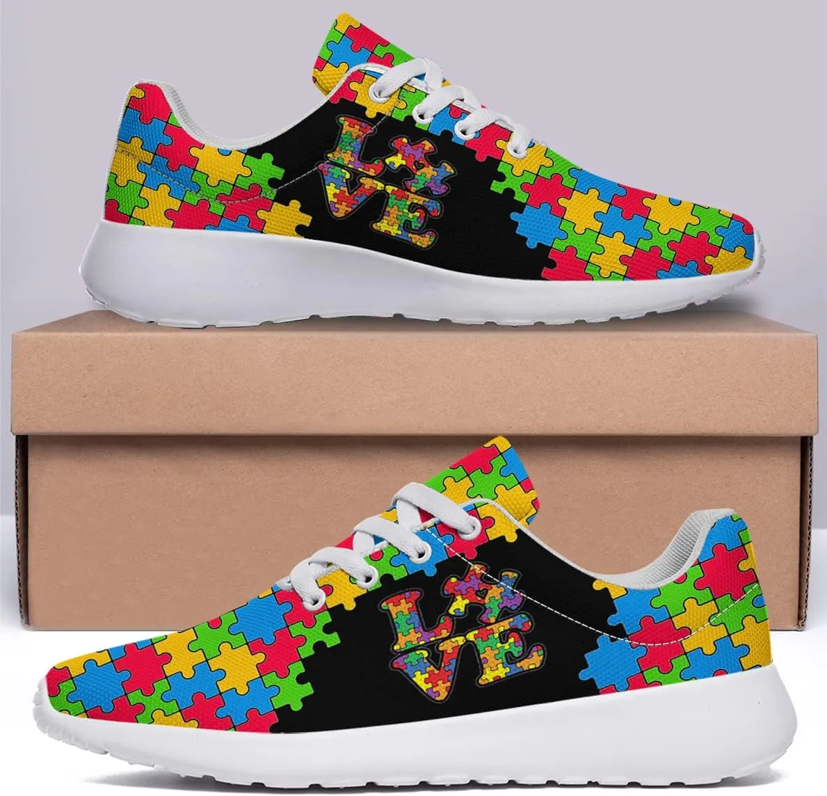 Sonzj-II Autism Awareness Shoes Womens Mens Lightweight Running Sneaker Autism Puzzle Print Tennis Walking Gym Shoes