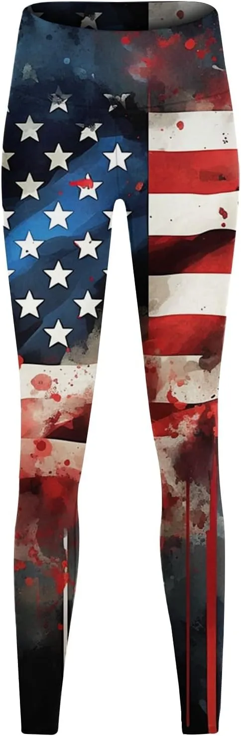 Womens High Waist American Flag Leggings Cute Slim Fit Yoga Sport Active Pants Stripes Patriotic Tights