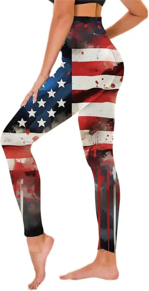 Womens High Waist American Flag Leggings Cute Slim Fit Yoga Sport Active Pants Stripes Patriotic Tights