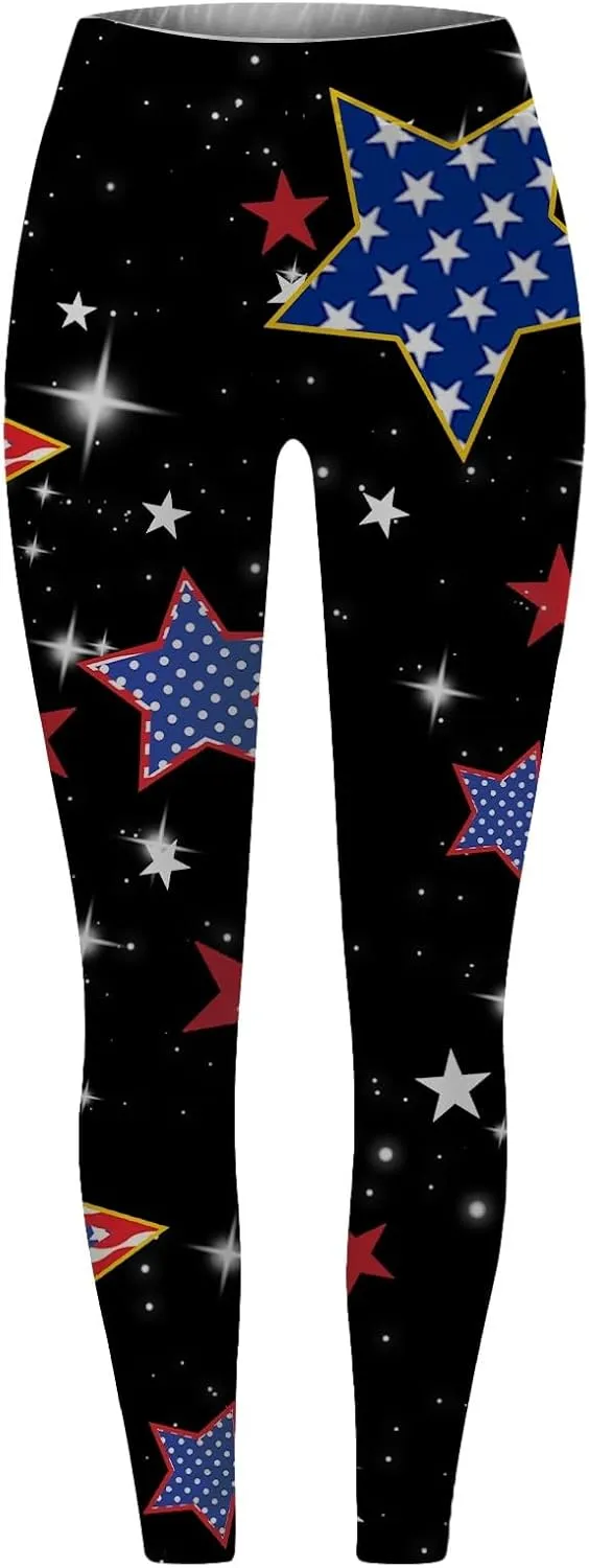Womens High Waist American Flag Leggings Cute Slim Fit Yoga Sport Active Pants Stripes Patriotic Tights