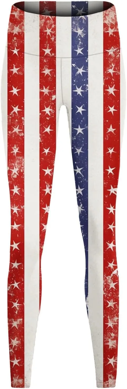 Womens High Waist American Flag Leggings Cute Slim Fit Yoga Sport Active Pants Stripes Patriotic Tights