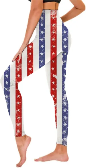 Womens High Waist American Flag Leggings Cute Slim Fit Yoga Sport Active Pants Stripes Patriotic Tights
