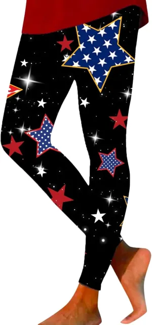 Womens High Waist American Flag Leggings Cute Slim Fit Yoga Sport Active Pants Stripes Patriotic Tights