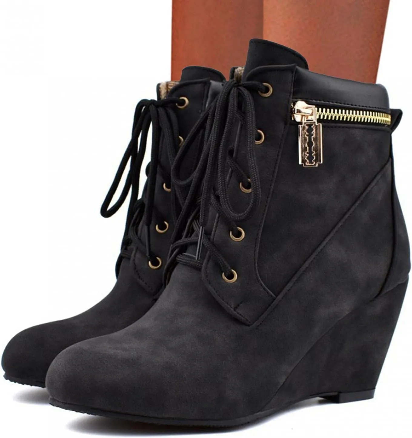 ZBYY Wedge Boots for Women Ankle Booties,Winter Lace up Suede Low Wedges Ankle Boots Comfortable Oxford Shoes Booties